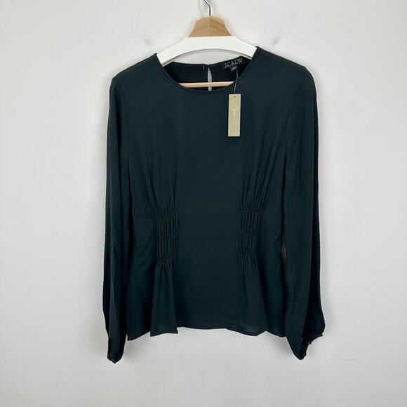 J.Crew Shirred Waist Top Viscose Crepe Black Long Sleeve Minimalist US 10 NWT - Picture 4 of 11